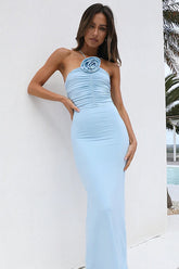 Cami 3D Flower Decor Ruched Backless One Shoulder Bodycon Wedding Guest Maxi Dresses